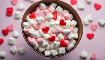 ai gerado uma tigela do marshmallows com corações em topo foto