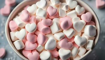 ai gerado uma tigela do marshmallows com corações dentro eles foto