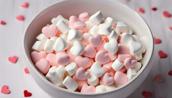 ai gerado uma tigela do marshmallows com corações dentro eles foto