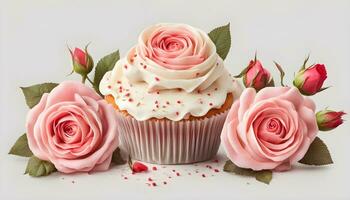 ai gerado uma Bolinho com Rosa rosas e geada foto