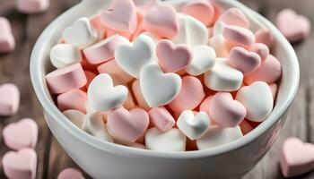 ai gerado uma tigela preenchidas com Rosa e branco marshmallows foto