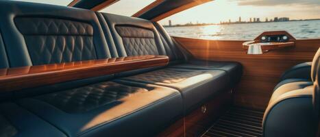 ai gerado luxo barco interior às pôr do sol, ambiente iluminação. ai generativo. foto