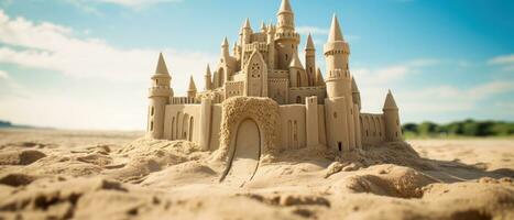 ai gerado meticulosamente trabalhada Castelo de Areia contra a oceano. ai generativo. foto
