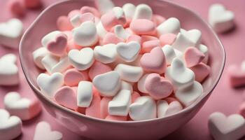 ai gerado uma tigela do marshmallows em uma Rosa fundo foto