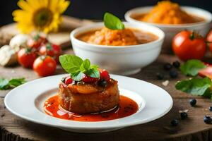 uma prato com uma carne prato e molho em isto. gerado por IA foto