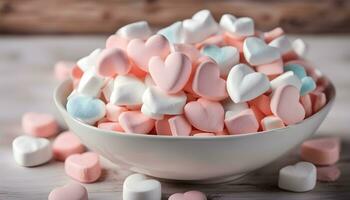 ai gerado uma tigela do marshmallows com corações em topo foto