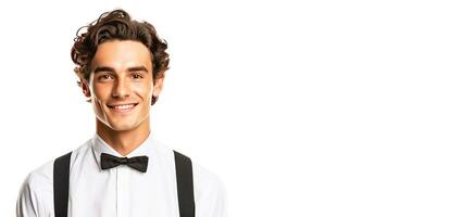 ai gerado fechar-se do uma profissional sorridente masculino garçom dentro uniforme, branco fundo isolar. foto