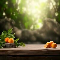 ai gerado laranjas frutas em pedra fundos com esvaziar de madeira mesa. gerado ai foto