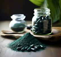 ai gerado espirulina pó e espirulina cápsula. suplemento. Comida ingrediente. generativo ai foto