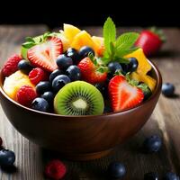 ai gerado fruta salada com bagas dentro uma de madeira prato em uma de madeira mesa foto