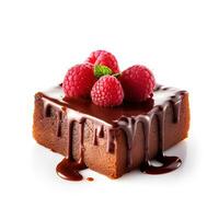 ai gerado Brownie torta com chocolate cobertura e framboesas em uma branco fundo foto