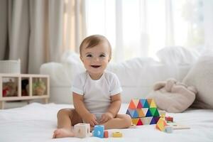 ai gerado bebê jogando com colorida blocos em tapete. bebê camiseta brincar. foto