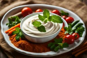 ai gerado mergulho com legumes e especiarias em uma de madeira mesa foto