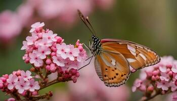 ai gerado uma borboleta é sentado em alguns Rosa flores foto