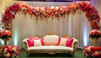 ai gerado uma Casamento etapa decorado com flores e almofadas foto