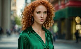 ai gerado lindo jovem mulher com vermelho encaracolado cabelo dentro uma verde vestir dentro a cidade às noite. ai generativo foto
