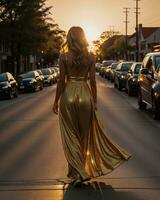 ai gerado lindo jovem mulher dentro uma grandes amarelo vestir caminhando em a rua às pôr do sol. ai generativo foto