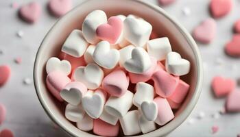 ai gerado uma tigela do marshmallows com corações dentro eles foto