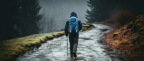 ai gerado foto capturando a essência do uma solitário inverno aventura, apresentando uma solitário caminhante caminhando através uma enevoado, arborizado trilha.