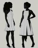 ai gerado silhueta do três mulheres dentro Preto e branco vestidos, estúdio tomada. ai generativo foto