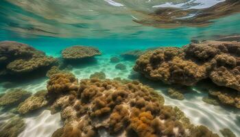 ai gerado embaixo da agua Visão do coral recifes e água foto