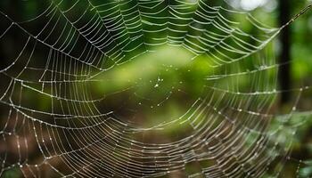 ai gerado uma aranha rede é mostrando dentro a meio do uma floresta foto