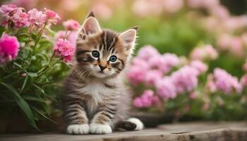 ai gerado uma gatinho sentado dentro frente do Rosa flores foto