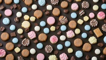 ai gerado uma ampla sortimento do chocolate e biscoitos em uma Sombrio fundo foto