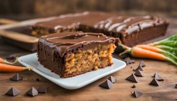 ai gerado uma peça do cenoura bolo com chocolate geada em topo foto