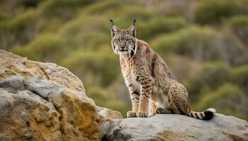 ai gerado uma lince é sentado em uma Rocha dentro a selvagem foto