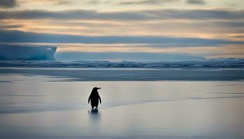 ai gerado uma pinguim caminhando em a gelo dentro frente do a iceberg foto