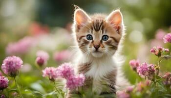 ai gerado uma gatinho é sentado dentro uma campo do flores foto