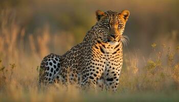 ai gerado uma leopardo é sentado dentro a Relva dentro a Sol foto