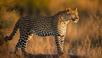 ai gerado uma leopardo é caminhando através alta Relva foto