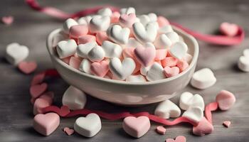 ai gerado uma tigela preenchidas com marshmallows e Rosa corações foto