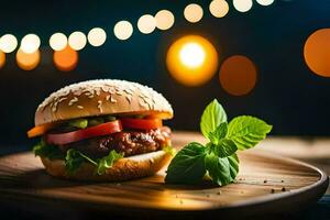 ai gerado uma Hamburger em uma de madeira prato com luzes dentro a fundo foto