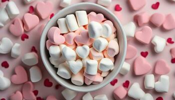 ai gerado uma tigela do marshmallows em uma Rosa fundo foto