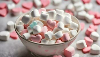 ai gerado uma tigela preenchidas com marshmallows e corações foto