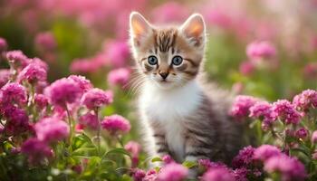 ai gerado uma gatinho é sentado dentro uma campo do Rosa flores foto