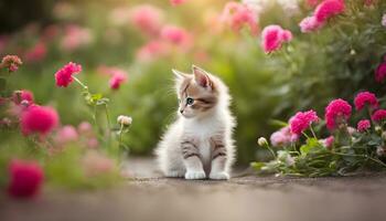 ai gerado uma gatinho é sentado dentro uma campo do Rosa flores foto