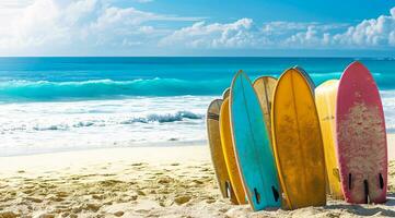 ai gerado pranchas de surf preso dentro a areia em a lindo de praia com oceano ondas dentro a fundo foto
