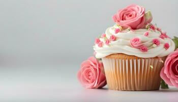 ai gerado Bolinho com Rosa rosas em uma cinzento fundo foto