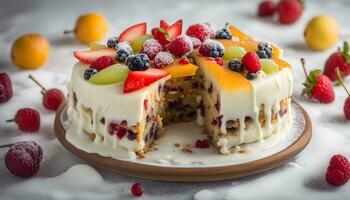 ai gerado uma bolo com fruta em topo e uma fatia ausência de foto