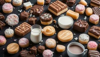 ai gerado vários tipos do chocolates e doces em uma Preto fundo foto