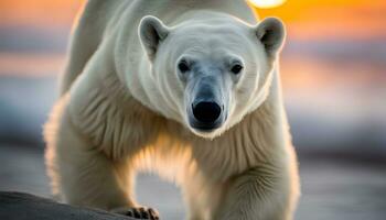 ai gerado uma polar Urso caminhando em a de praia às pôr do sol foto