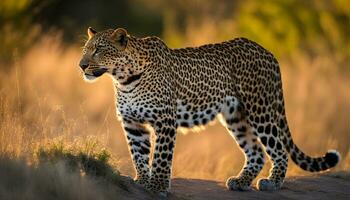 ai gerado uma leopardo é caminhando dentro a Relva às pôr do sol foto