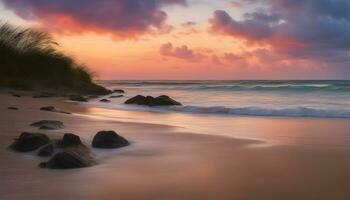 ai gerado uma de praia com pedras e Relva em a costa foto