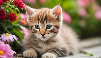 ai gerado uma gatinho é sentado dentro frente do flores foto