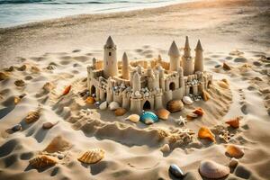 ai gerado areia castelo em a de praia foto