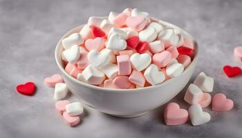 ai gerado uma tigela preenchidas com marshmallows e corações foto